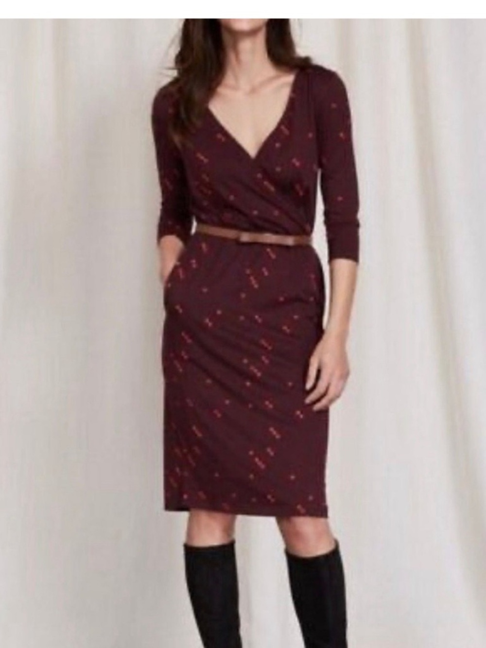 Boden softy stretchy jersey knit Cressida faux wrap dress maroon dots size 8